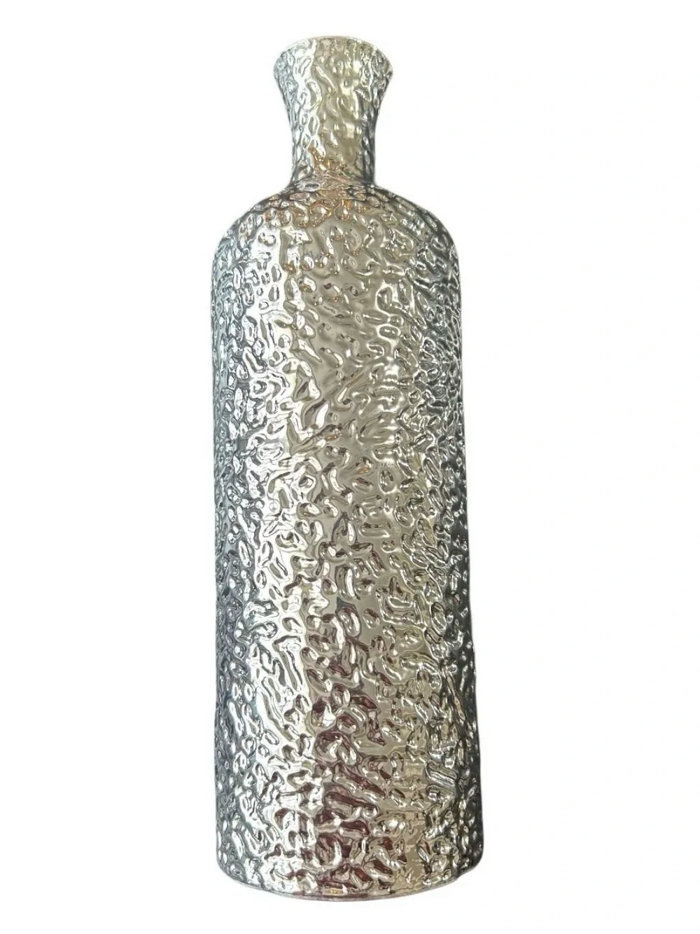 Tall Silver Metallic Textured Vase Modern Hammered Finish Shiny Glam Home 13”